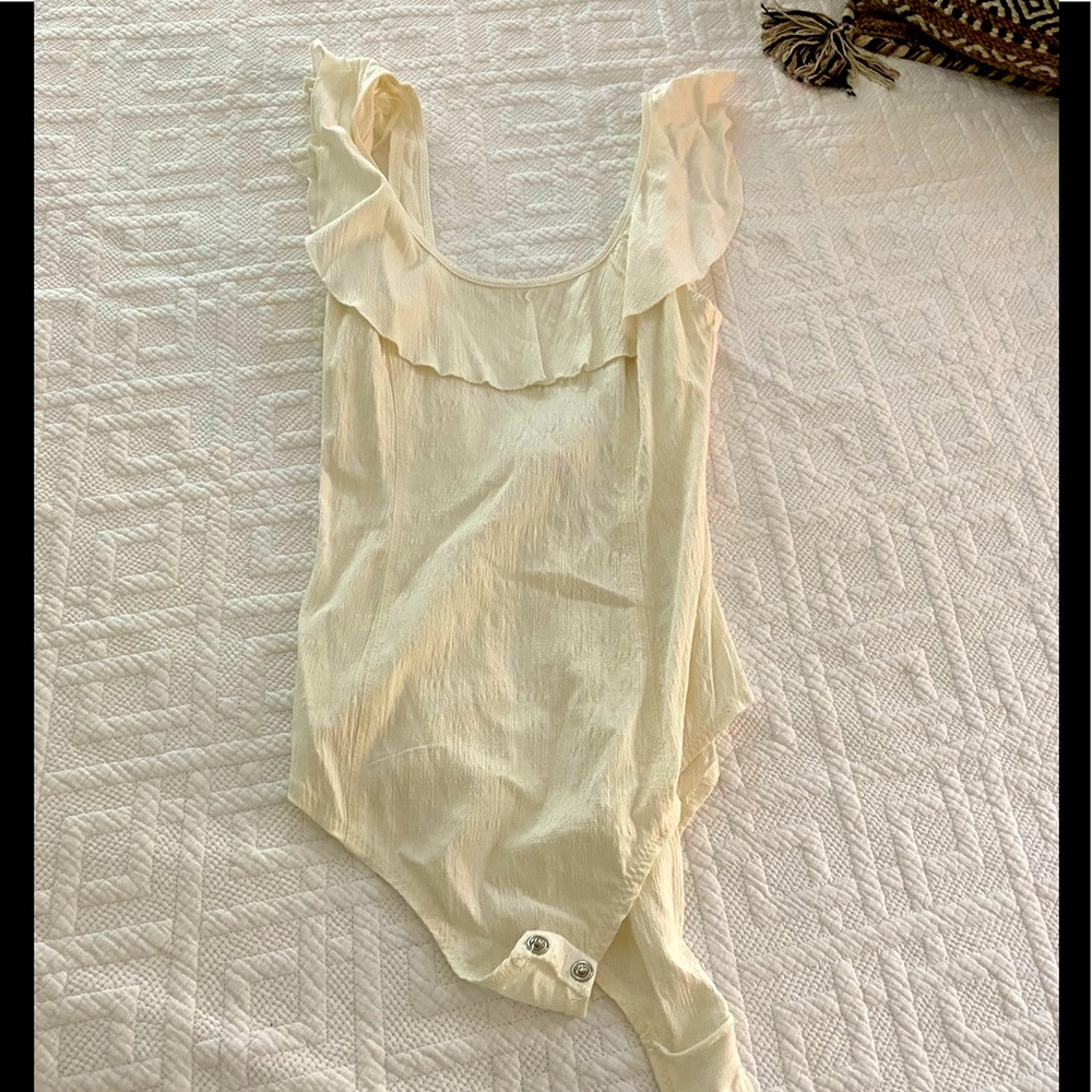 Free People Cream Ruffle Scoop Neck Bodysuit